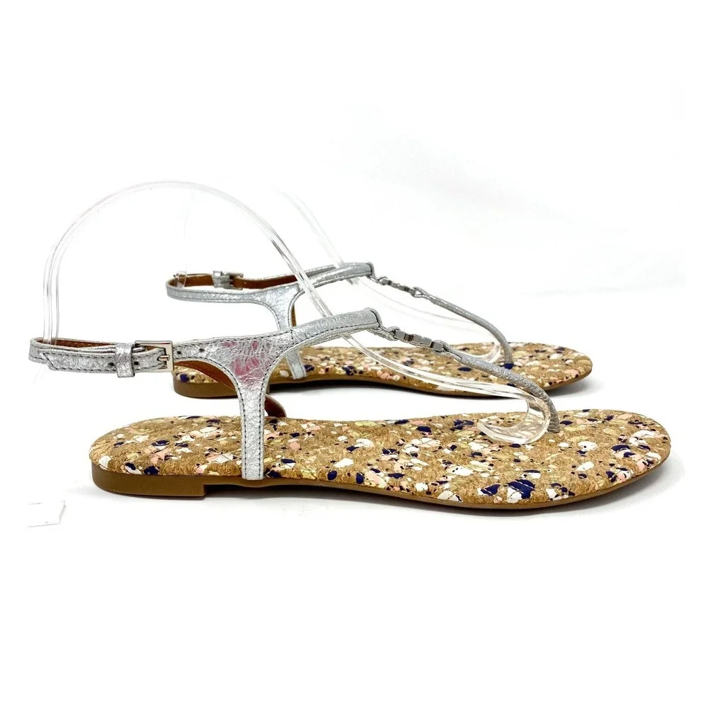 Tory Burch Silver Metallic Leather Cork Splatter Logo Thong Sandals Womens 7.5